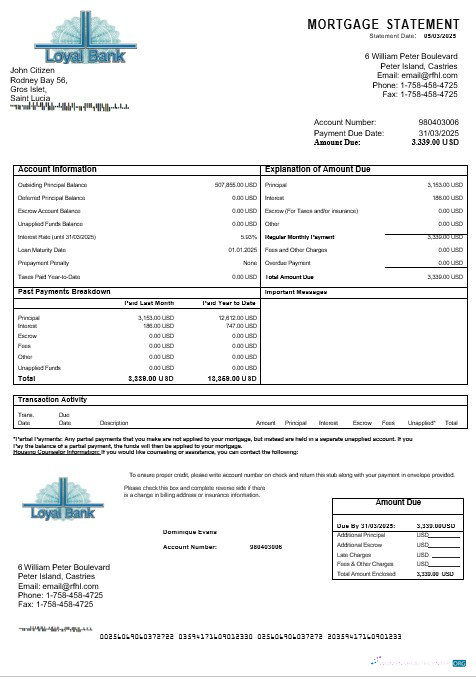 Download Saint Lucia Loyal bank mortgage statement in Word and PDF formats Photoshop template
